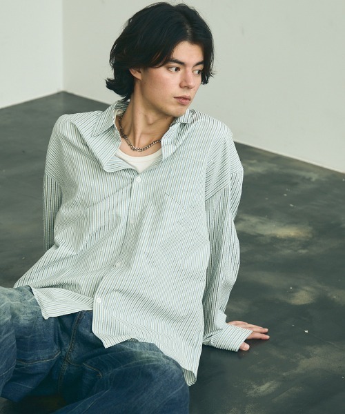 Shoowtime（ショウタイム）の「Soccer fabric long sleeve striped shirt / サッカー生地ロングスリーブストライプシャツ（シャツ/ブラウス・メンズ・グレー系/サックスブルー系/イエロー系・MEDIUM/LARGE/X-LARGE）」の10枚目の写真