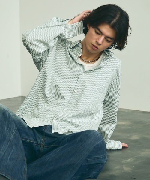 Shoowtime（ショウタイム）の「Soccer fabric long sleeve striped shirt / サッカー生地ロングスリーブストライプシャツ（シャツ/ブラウス・メンズ・グレー系/サックスブルー系/イエロー系・MEDIUM/LARGE/X-LARGE）」の11枚目の写真