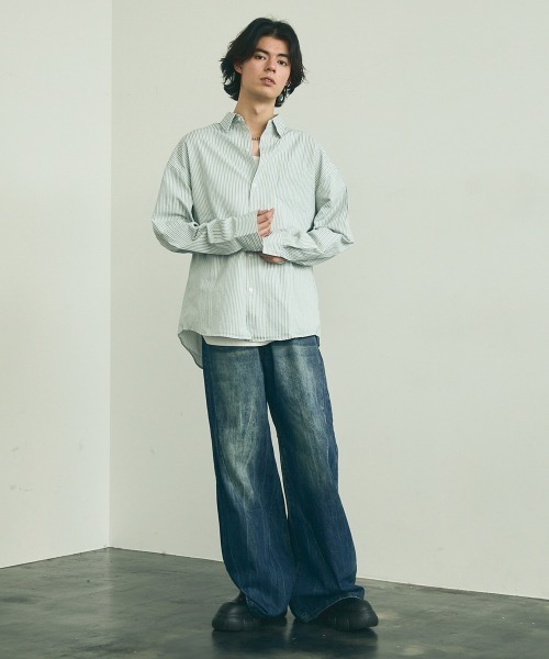 Shoowtime（ショウタイム）の「Soccer fabric long sleeve striped shirt / サッカー生地ロングスリーブストライプシャツ（シャツ/ブラウス・メンズ・グレー系/サックスブルー系/イエロー系・MEDIUM/LARGE/X-LARGE）」の12枚目の写真