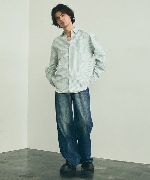 Shoowtime（ショウタイム）の「Soccer fabric long sleeve striped shirt / サッカー生地ロングスリーブストライプシャツ（シャツ/ブラウス・メンズ・グレー系/サックスブルー系/イエロー系・MEDIUM/LARGE/X-LARGE）」の13枚目の写真