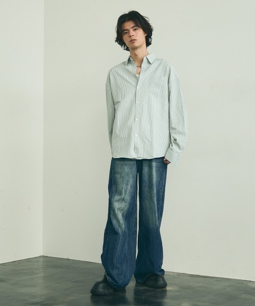 Shoowtime（ショウタイム）の「Soccer fabric long sleeve striped shirt / サッカー生地ロングスリーブストライプシャツ（シャツ/ブラウス・メンズ・グレー系/サックスブルー系/イエロー系・MEDIUM/LARGE/X-LARGE）」の14枚目の写真