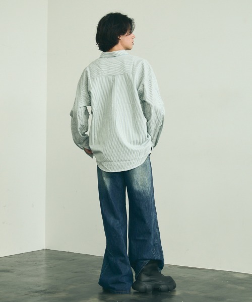 Shoowtime（ショウタイム）の「Soccer fabric long sleeve striped shirt / サッカー生地ロングスリーブストライプシャツ（シャツ/ブラウス・メンズ・グレー系/サックスブルー系/イエロー系・MEDIUM/LARGE/X-LARGE）」の15枚目の写真