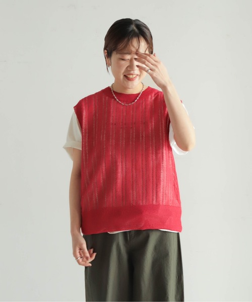 NOMBRE IMPAIR（ノンブルアンペール）の「リネンブレンドハイゲージ　シアーベスト（ニット/セーター・レディース・ネイビー/レッド・FREE）」の16枚目の写真