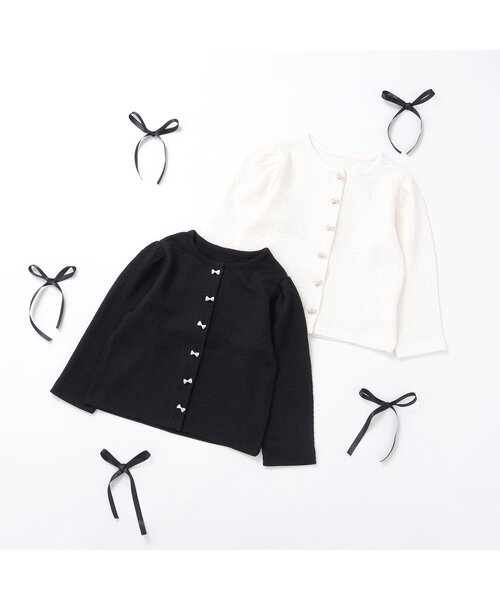 apres les cours(アプレレクール)の「【UVカット/ジュニア対応】リボンボタンカーディガン(カーディガン/ボレロ・キッズ・ブラック/アイボリー・80/90/100/110/120/130/140)」の3枚目の写真
