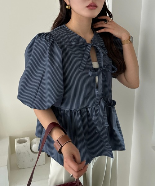 efill（エフィル）の「フロント リボン バルーン 袖 ストライプ シャツ（シャツ/ブラウス・レディース・ダークグリーン・FREE）」の4枚目の写真