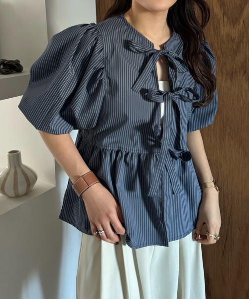 efill（エフィル）の「フロント リボン バルーン 袖 ストライプ シャツ（シャツ/ブラウス・レディース・ダークグリーン・FREE）」の10枚目の写真