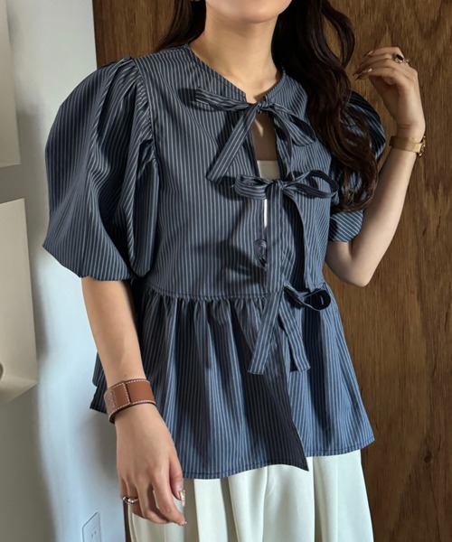 efill（エフィル）の「フロント リボン バルーン 袖 ストライプ シャツ（シャツ/ブラウス・レディース・ダークグリーン・FREE）」の12枚目の写真