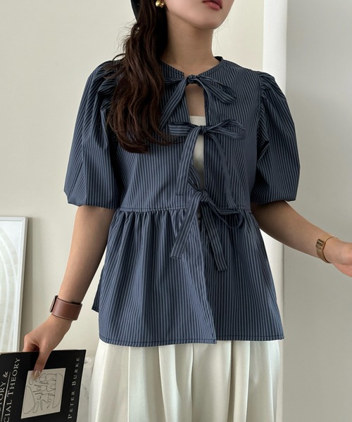 efill（エフィル）の「フロント リボン バルーン 袖 ストライプ シャツ（シャツ/ブラウス・レディース・ダークグリーン・FREE）」の20枚目の写真