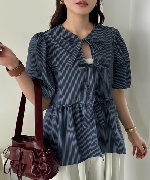 efill（エフィル）の「フロント リボン バルーン 袖 ストライプ シャツ（シャツ/ブラウス・レディース・ダークグリーン・FREE）」の22枚目の写真