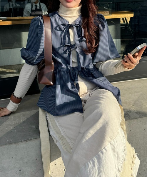 efill（エフィル）の「フロント リボン バルーン 袖 ストライプ シャツ（シャツ/ブラウス・レディース・ダークグリーン・FREE）」の16枚目の写真