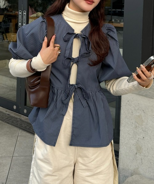 efill（エフィル）の「フロント リボン バルーン 袖 ストライプ シャツ（シャツ/ブラウス・レディース・ダークグリーン・FREE）」の14枚目の写真