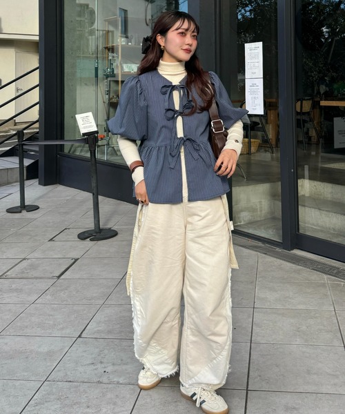 efill（エフィル）の「フロント リボン バルーン 袖 ストライプ シャツ（シャツ/ブラウス・レディース・ダークグリーン・FREE）」の17枚目の写真