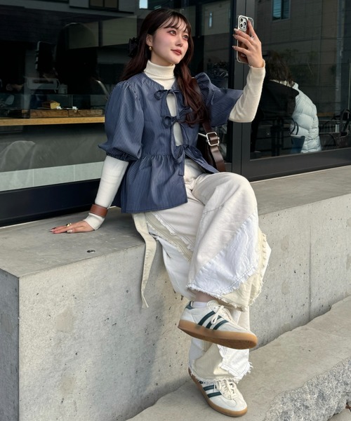 efill（エフィル）の「フロント リボン バルーン 袖 ストライプ シャツ（シャツ/ブラウス・レディース・ダークグリーン・FREE）」の19枚目の写真