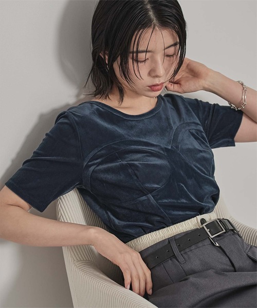 miette(ミエット)の「ビスチェデザインシアーベロア半袖トップス(Tシャツ/カットソー・レディース・ブルー/アイボリー/ブラウン・FREE)」の1枚目の写真