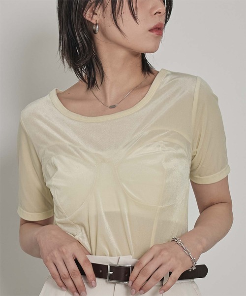 miette(ミエット)の「ビスチェデザインシアーベロア半袖トップス(Tシャツ/カットソー・レディース・ブルー/アイボリー/ブラウン・FREE)」の6枚目の写真