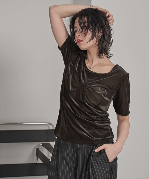 miette(ミエット)の「ビスチェデザインシアーベロア半袖トップス(Tシャツ/カットソー・レディース・ブルー/アイボリー/ブラウン・FREE)」の13枚目の写真