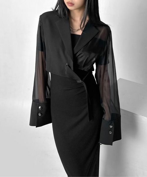 LVEU.(ラブユ.)の「【LVEU.】シアースリーブアシメクロップドジャケット / アウター ジャケット 羽織 クロップド ショート シアー シースルー 切替え アシンメトリー ブラック(テーラードジャケット・レディース・ブラック・FREE)」の4枚目の写真