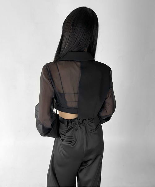 LVEU.(ラブユ.)の「【LVEU.】シアースリーブアシメクロップドジャケット / アウター ジャケット 羽織 クロップド ショート シアー シースルー 切替え アシンメトリー ブラック(テーラードジャケット・レディース・ブラック・FREE)」の15枚目の写真