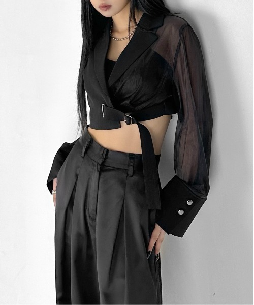 LVEU.(ラブユ.)の「【LVEU.】シアースリーブアシメクロップドジャケット / アウター ジャケット 羽織 クロップド ショート シアー シースルー 切替え アシンメトリー ブラック(テーラードジャケット・レディース・ブラック・FREE)」の11枚目の写真