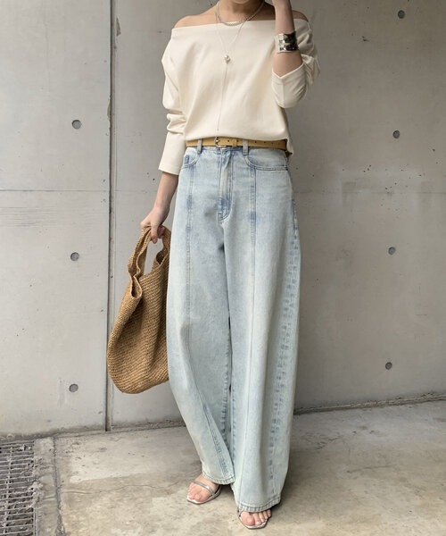 DouDou（ドゥドゥ）の「ブークレーダンボールオフショル（Tシャツ/カットソー・レディース・オフホワイト/ネイビー/ベージュ・FREE）」の4枚目の写真