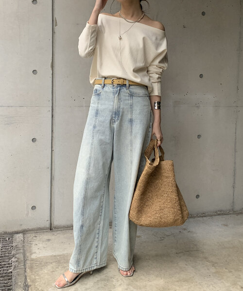 DouDou（ドゥドゥ）の「ブークレーダンボールオフショル（Tシャツ/カットソー・レディース・オフホワイト/ネイビー/ベージュ・FREE）」の6枚目の写真