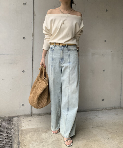 DouDou（ドゥドゥ）の「ブークレーダンボールオフショル（Tシャツ/カットソー・レディース・オフホワイト/ネイビー/ベージュ・FREE）」の7枚目の写真