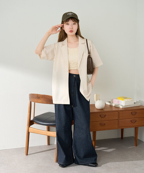 セール】【S.Lサイズ展開】半袖タックジャケット（テーラード