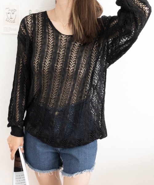 Miniministore(ミニミニストア)の「バッグレースアップ 透かし編みニット(ニット/セーター・レディース・ブラック/ベージュ/オフホワイト/ピンク/ライトパープル/イエロー・FREE)」の20枚目の写真