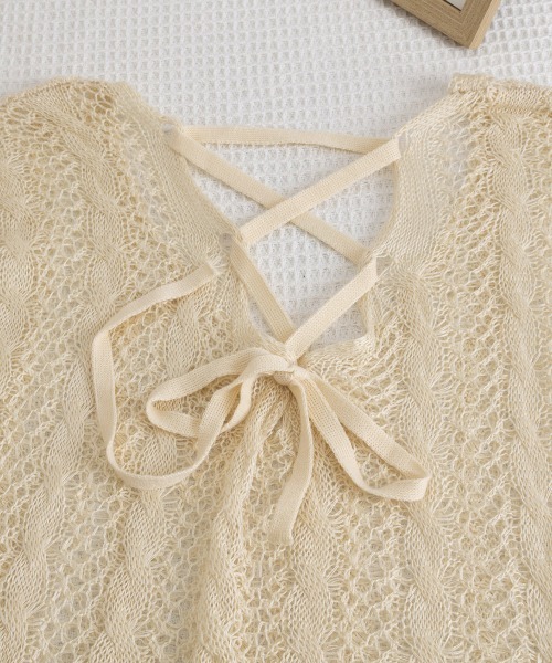 Miniministore(ミニミニストア)の「バッグレースアップ 透かし編みニット(ニット/セーター・レディース・ブラック/ベージュ/オフホワイト/ピンク/ライトパープル/イエロー・FREE)」の9枚目の写真