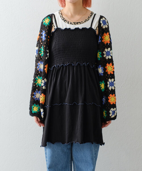 ハローサンフランシスコ クロシェボレロ付き ティアードワンピース 黒 HELLO.SANFRANCISCO】クロシェボレロ付きティアードキャミワンピ