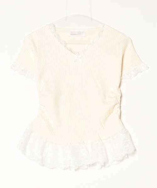 ampm（エーエムピーエム）の「レースフリルリブトップス（Tシャツ/カットソー・レディース・ブルー/ピンク/イエロー/アイボリー・FREE）」の3枚目の写真