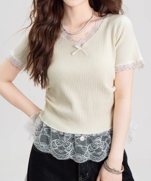 ampm（エーエムピーエム）の「レースフリルリブトップス（Tシャツ/カットソー・レディース・ブルー/ピンク/イエロー/アイボリー・FREE）」の2枚目の写真