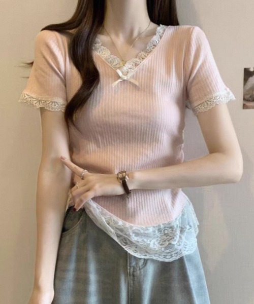 ampm（エーエムピーエム）の「レースフリルリブトップス（Tシャツ/カットソー・レディース・ブルー/ピンク/イエロー/アイボリー・FREE）」の5枚目の写真