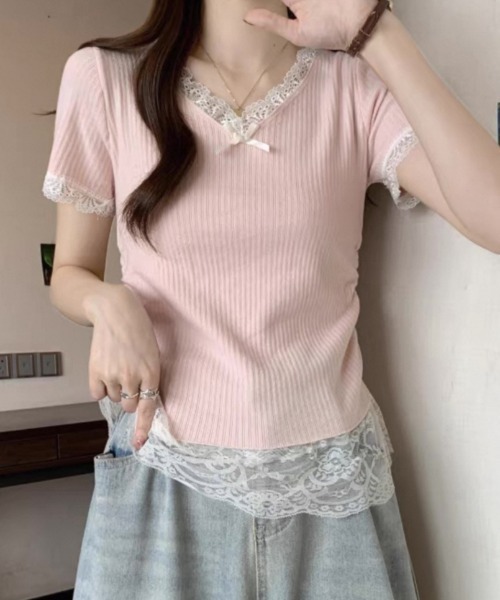 ampm（エーエムピーエム）の「レースフリルリブトップス（Tシャツ/カットソー・レディース・ブルー/ピンク/イエロー/アイボリー・FREE）」の6枚目の写真