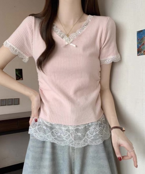 ampm（エーエムピーエム）の「レースフリルリブトップス（Tシャツ/カットソー・レディース・ブルー/ピンク/イエロー/アイボリー・FREE）」の7枚目の写真