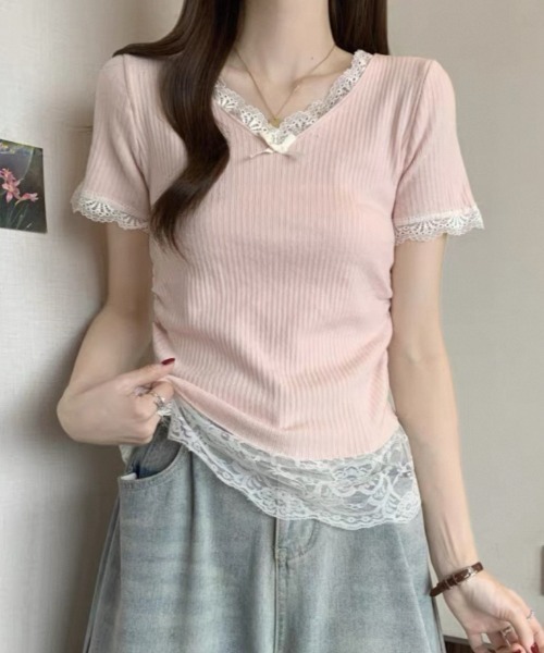 ampm（エーエムピーエム）の「レースフリルリブトップス（Tシャツ/カットソー・レディース・ブルー/ピンク/イエロー/アイボリー・FREE）」の8枚目の写真