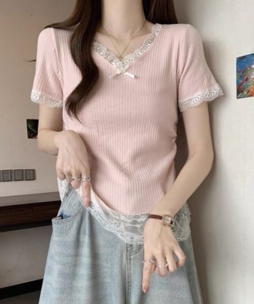 ampm（エーエムピーエム）の「レースフリルリブトップス（Tシャツ/カットソー・レディース・ブルー/ピンク/イエロー/アイボリー・FREE）」の10枚目の写真