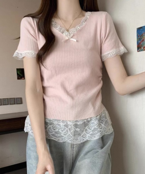 ampm（エーエムピーエム）の「レースフリルリブトップス（Tシャツ/カットソー・レディース・ブルー/ピンク/イエロー/アイボリー・FREE）」の11枚目の写真