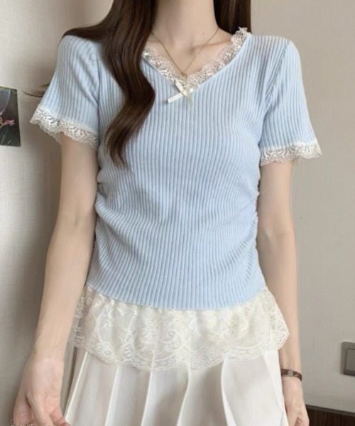 ampm（エーエムピーエム）の「レースフリルリブトップス（Tシャツ/カットソー・レディース・ブルー/ピンク/イエロー/アイボリー・FREE）」の15枚目の写真