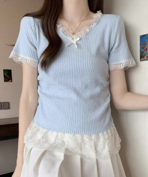 ampm（エーエムピーエム）の「レースフリルリブトップス（Tシャツ/カットソー・レディース・ブルー/ピンク/イエロー/アイボリー・FREE）」の16枚目の写真