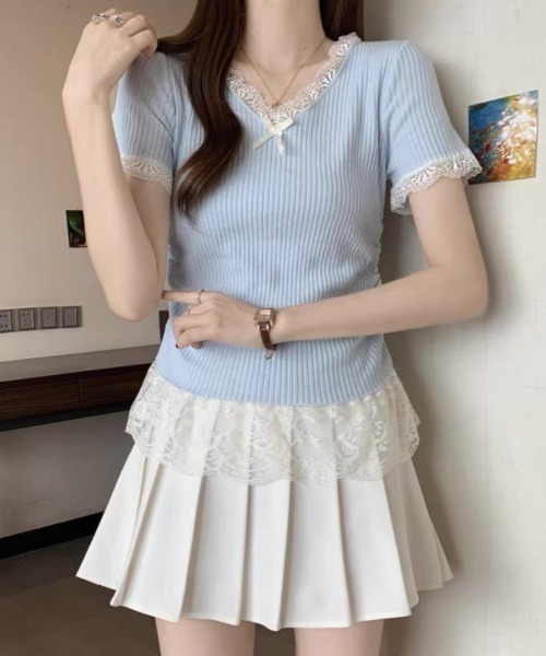 ampm（エーエムピーエム）の「レースフリルリブトップス（Tシャツ/カットソー・レディース・ブルー/ピンク/イエロー/アイボリー・FREE）」の17枚目の写真