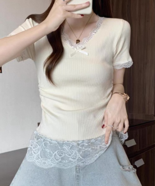 ampm（エーエムピーエム）の「レースフリルリブトップス（Tシャツ/カットソー・レディース・ブルー/ピンク/イエロー/アイボリー・FREE）」の18枚目の写真