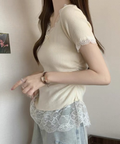 ampm（エーエムピーエム）の「レースフリルリブトップス（Tシャツ/カットソー・レディース・ブルー/ピンク/イエロー/アイボリー・FREE）」の19枚目の写真