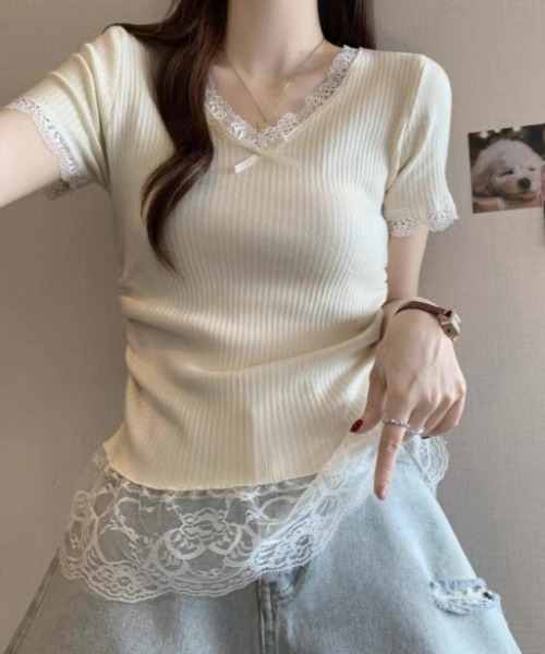 ampm（エーエムピーエム）の「レースフリルリブトップス（Tシャツ/カットソー・レディース・ブルー/ピンク/イエロー/アイボリー・FREE）」の20枚目の写真