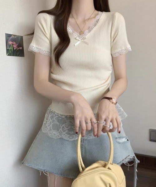 ampm（エーエムピーエム）の「レースフリルリブトップス（Tシャツ/カットソー・レディース・ブルー/ピンク/イエロー/アイボリー・FREE）」の21枚目の写真