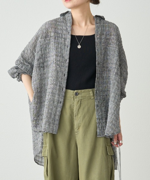 PUAL CE CIN（ピュアルセシン）の「綿麻チェックオーバーシャツブラウス（シャツ/ブラウス・レディース・ブラック系/グレー系・FREE）」の2枚目の写真