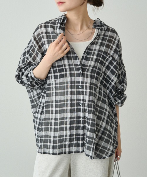 PUAL CE CIN（ピュアルセシン）の「綿麻チェックオーバーシャツブラウス（シャツ/ブラウス・レディース・ブラック系/グレー系・FREE）」の9枚目の写真