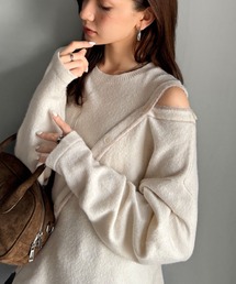 【mily bilet】ヘルシーに肌見せ!ふわもち肩見せ斜め切り替え2WAYニットプルオーバー