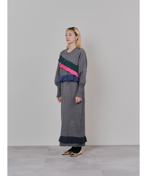 DOLLUPOOPS（ドールアップウップス）の「配色フリルティアードニットワンピース（ワンピース・レディース・チャコールグレー/ネイビー/ブラック・38）」の14枚目の写真