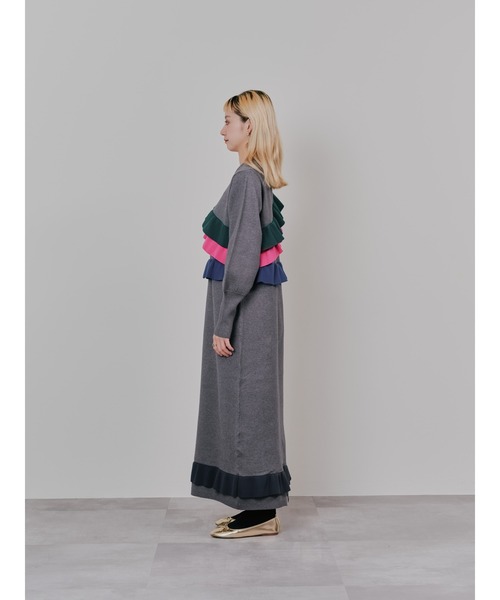 DOLLUPOOPS（ドールアップウップス）の「配色フリルティアードニットワンピース（ワンピース・レディース・チャコールグレー/ネイビー/ブラック・38）」の15枚目の写真